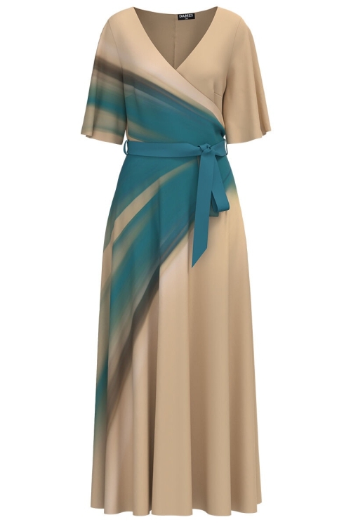 Rochie de seara lunga bej imprimata digital cu model asimetric CMD1030 - Img 2
