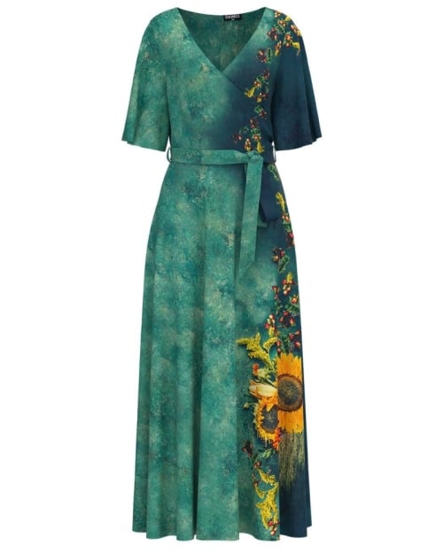 Rochie de seara lunga verde imprimata digital cu model floarea soarelui CMD1029 - Img 1
