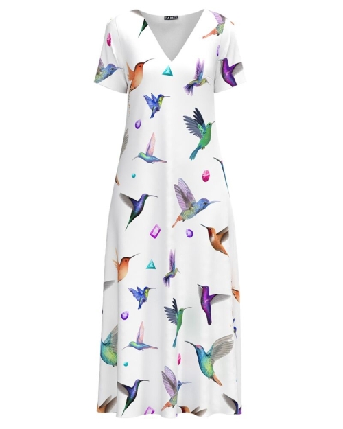 Rochie de vara alba lunga cu buzunare imprimata cu model Colibri CMD2950 - Img 1