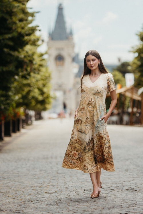 Rochie de vara lunga cu buzunare imprimata Cartoline Romania