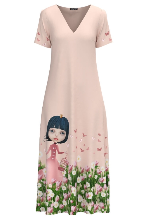Rochie de vara roz lunga cu buzunare imprimata Fetita CMD2494 - Img 2