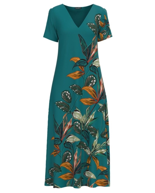 Rochie de vara turcoaz lunga cu buzunare imprimata cu model Frunze CMD2845