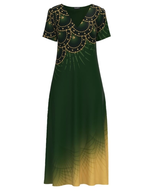 Rochie de vara verde lunga cu buzunare imprimata cu model Tropical CMD2855