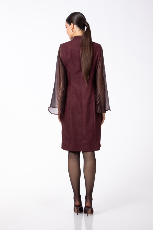 Rochie din catifea reiata cu maneci din organza imprimata - Img 4