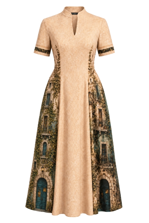 Rochie din in clos cu guler inalt si decolteu in V imprimata Old Town