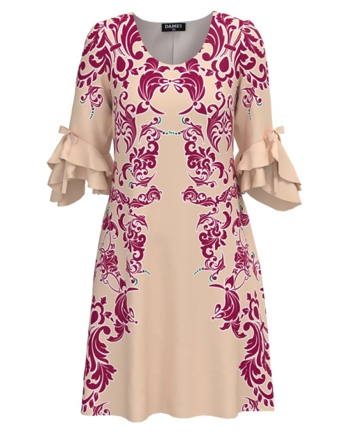 Rochie eleganta bej imprimata floral magenta si maneci trei sferturi cu volane