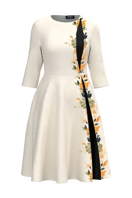 Rochie eleganta clos ivory cu sectiune in contrast Camelii
