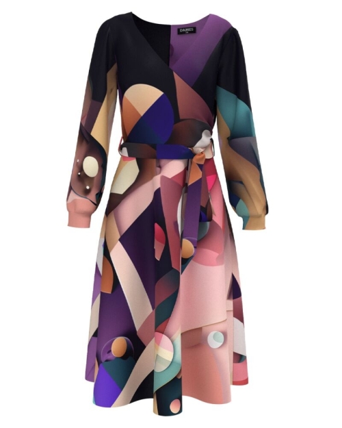 Rochie eleganta cu maneca lunga imprimata multicolor