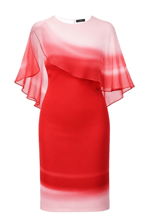 Rochie eleganta cu pelerina din organza imprimata degrade rosu