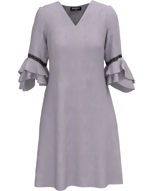 Rochie eleganta gri cu maneci trei sferturi cu volane