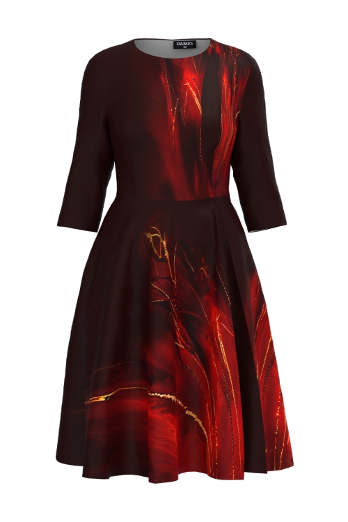 Rochie eleganta imprimata abstract cu sectiune in contrast