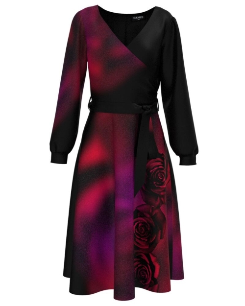 Rochie eleganta in degrade cu maneca lunga imprimata trandafiri - Img 1