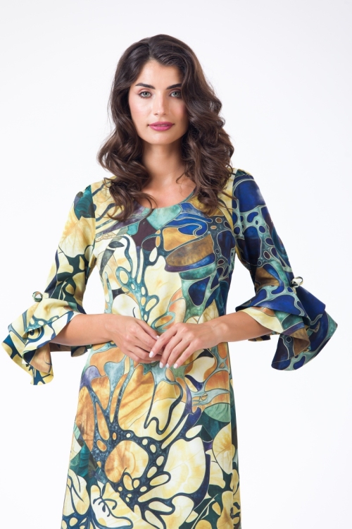 Rochie eleganta multicolora cu maneci trei sferturi decorate cu volane AW24 Stoc - Img 3