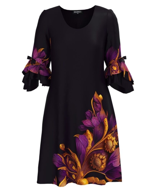 Rochie eleganta neagra cu imprimeu floral si maneci trei sferturi cu volane