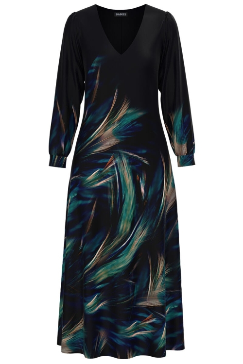 Rochie eleganta neagra cu maneca lunga si imprimeu multicolor CMD1327 - Img 2
