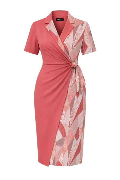 Rochie eleganta parte peste parte cu maneca scurta imprimata mozaic