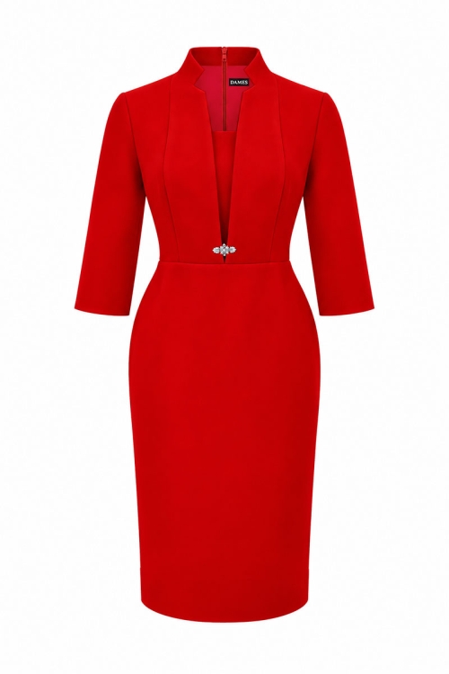 Rochie eleganta rosie cu rever si decolteu in V