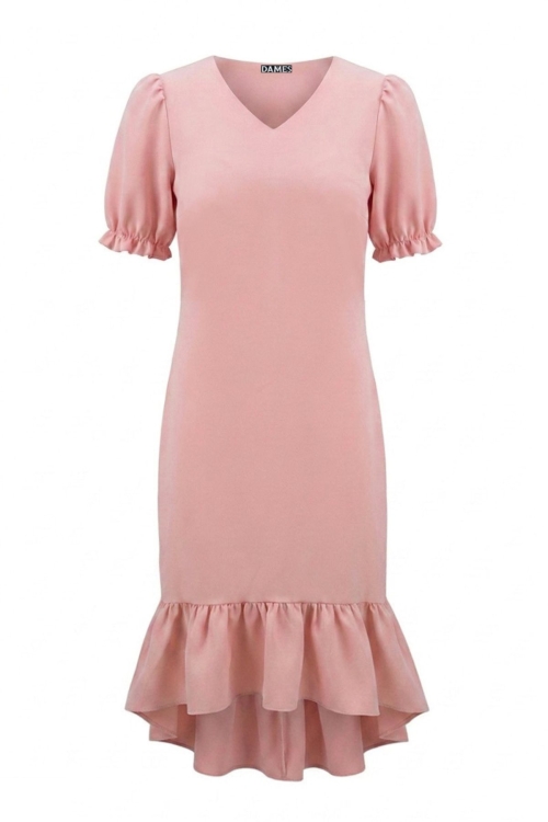 Rochie eleganta roz cu volan asimetric la terminatie
