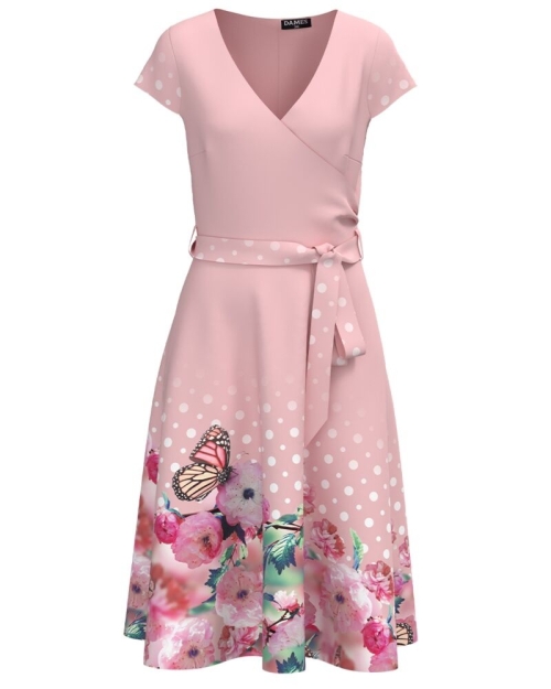 Rochie eleganta roz de vara cu maneca scurta si imprimeu floral CMD2496