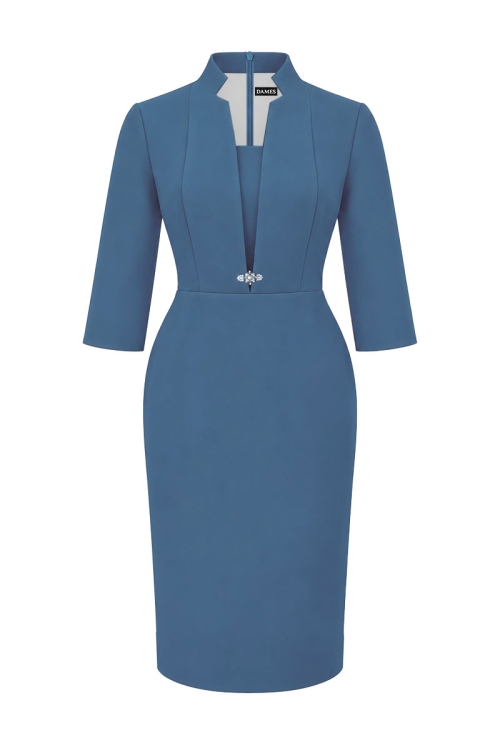 Rochie eleganta turcoaz cu rever si decolteu in V