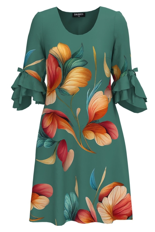 Rochie eleganta verde cu un imprimeu floral si maneci trei sferturi cu volane