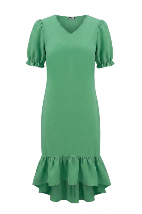 Rochie eleganta verde cu volan asimetric la terminatie