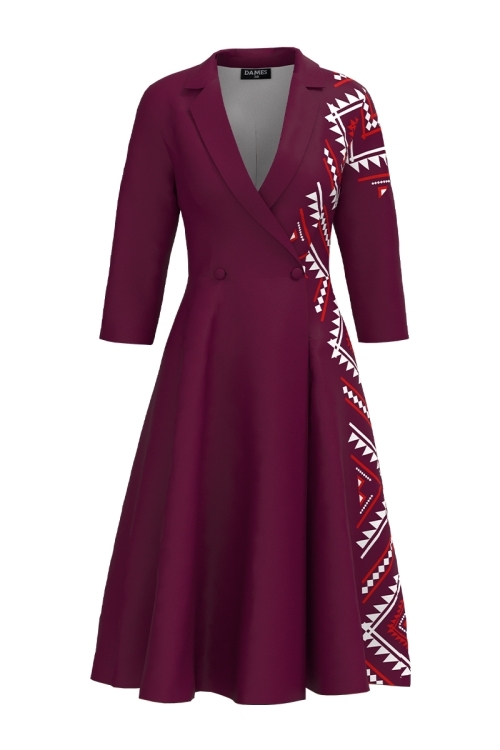 Rochie grena tip pardesiu petrecuta cu imprimeu traditional