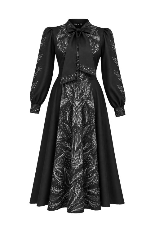 Rochie gri carbune cu guler esarfa si imprimeu Armonie Monocroma