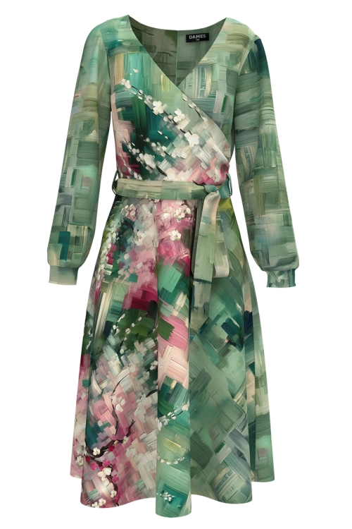 Rochie in nuante de verde eleganta cu maneca lunga imprimata floral SS25
