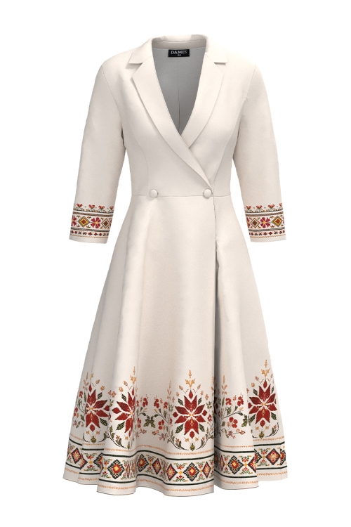 Rochie ivory tip pardesiu petrecuta cu imprimeu traditional
