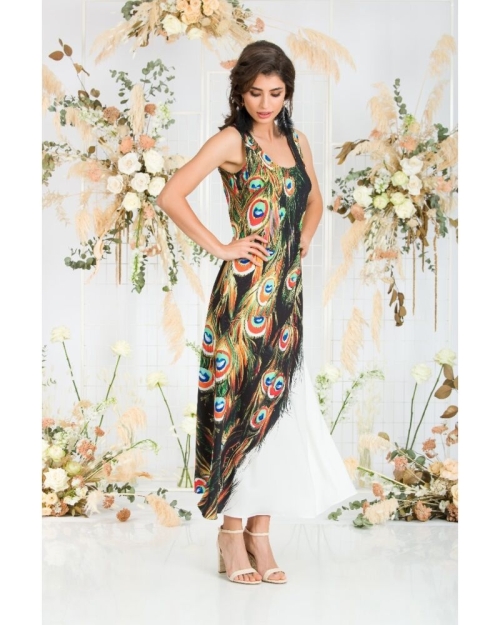 Rochie lunga casual de vara cu buzunare, multicolora imprimata cu model paun CMD805 - Img 2