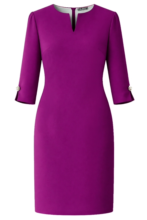 Rochie magenta cu maneci accesorizate cu nasture bijuterie