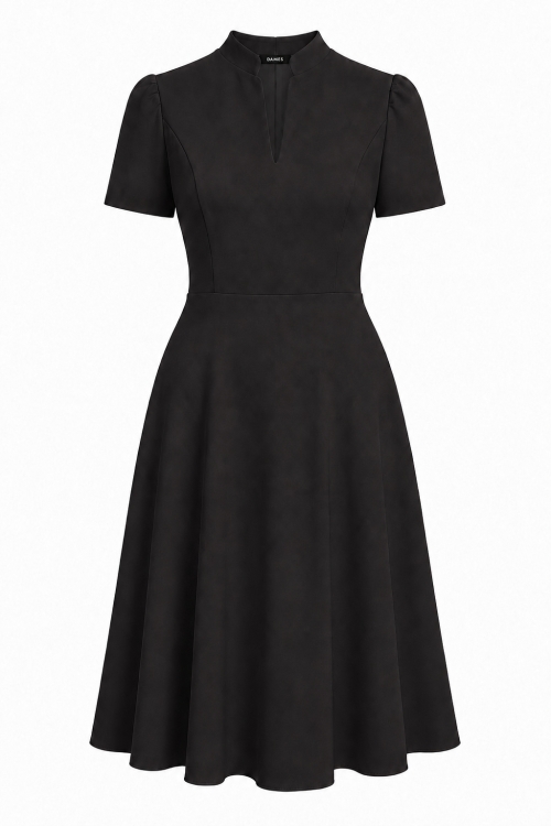Rochie neagra clos cu guler tunica decolteu in V si buzunare