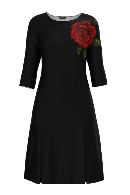 Rochie neagra cu pliuri imprimata Noir Rose