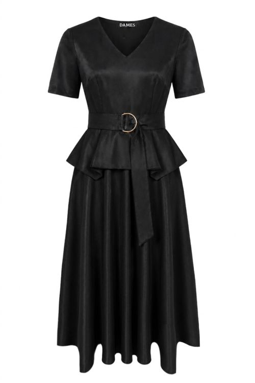 Rochie neagra cu volan asimetrica din vascoza satinata