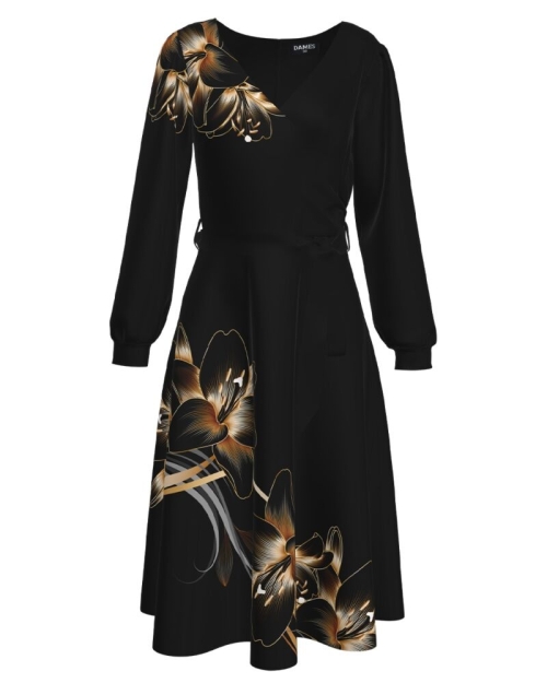 Rochie neagra eleganta cu maneca lunga imprimata Crini CMD1507 - Img 1