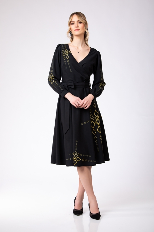 Rochie neagra eleganta cu maneca lunga imprimata Infinit - Img 3