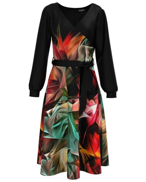 Rochie neagra eleganta cu maneca lunga imprimata multicolor