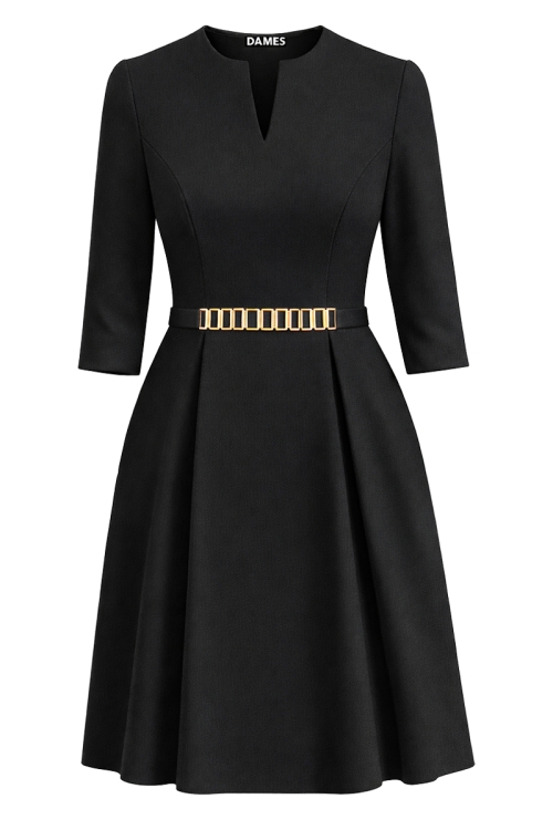 Rochie neagra eleganta cu pliuri in talie si accesoriu detasabil