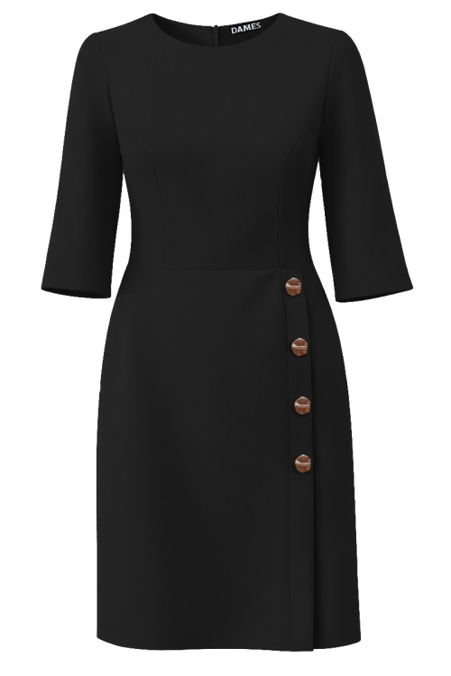 Rochie neagra eleganta cu slit si nasturi bijuterie