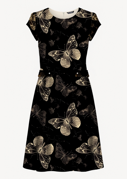 Rochie neagra lejera de vara din crepe cu cordon reglabil imprimata fluturi