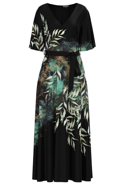 Rochie neagra lunga eleganta de seara imprimata digital cu model Frunze CMD1061 - Img 2