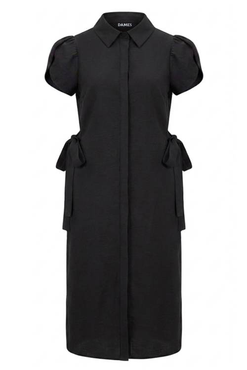Rochie neagra tip camasa din vascoza cu cordoane laterale