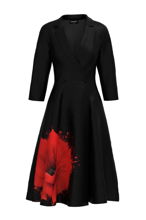 Rochie neagra tip pardesiu petrecuta cu imprimeu floral