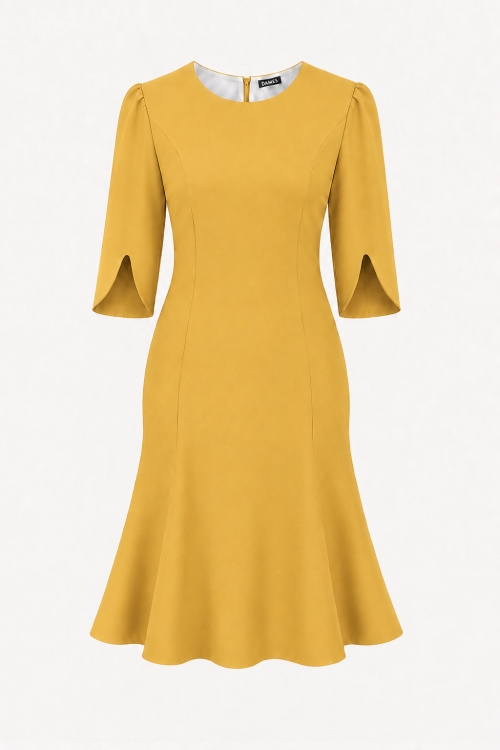 Rochie ocru in clini cu maneca asimetrica