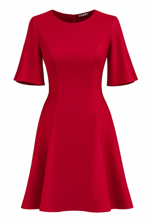 Rochie rosie in clini cu maneci clopot