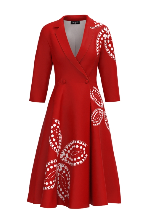 Rochie rosie tip pardesiu petrecuta cu imprimeu Traditional