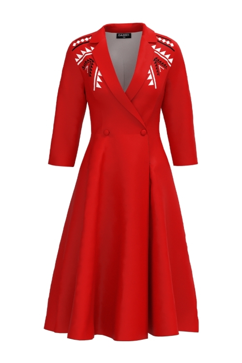 Rochie rosie tip pardesiu petrecuta cu imprimeu traditional
