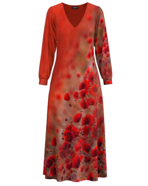 Rochie rosu corai eleganta cu maneca lunga imprimata Maci