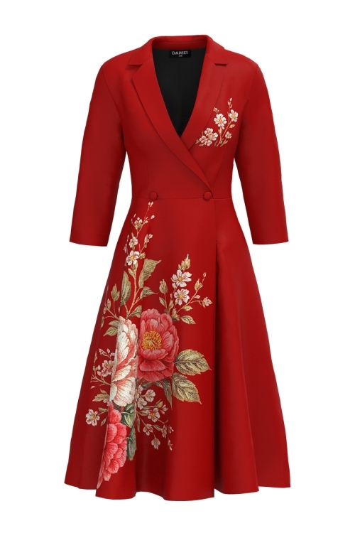 Rochie rosu corai tip pardesiu petrecuta cu imprimeu floral